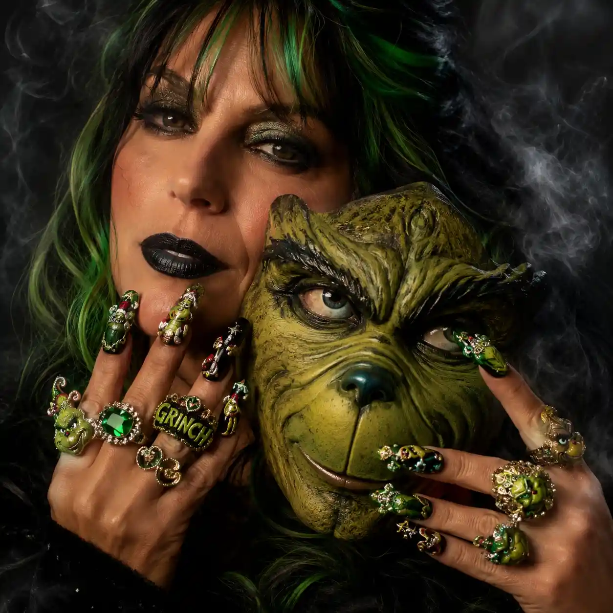 Cinematic portrait of a mysterious woman with grinch mask