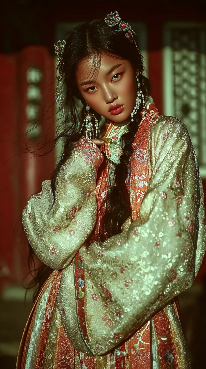 Chinese princess in white gauze robe before dark wooden doorway