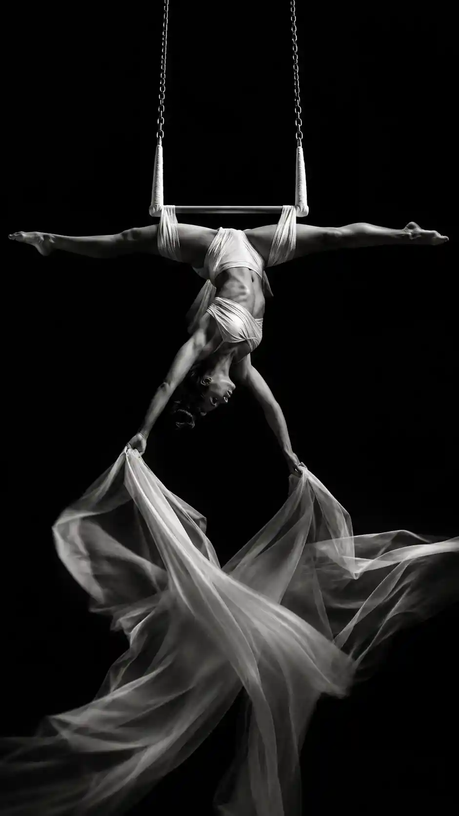 Woman aerialist in dramatic upside down split on trapeze