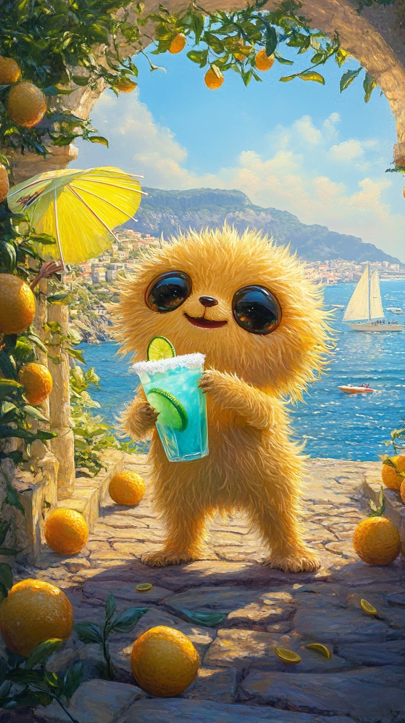 Cute golden creature with margarita in a sunny orchard