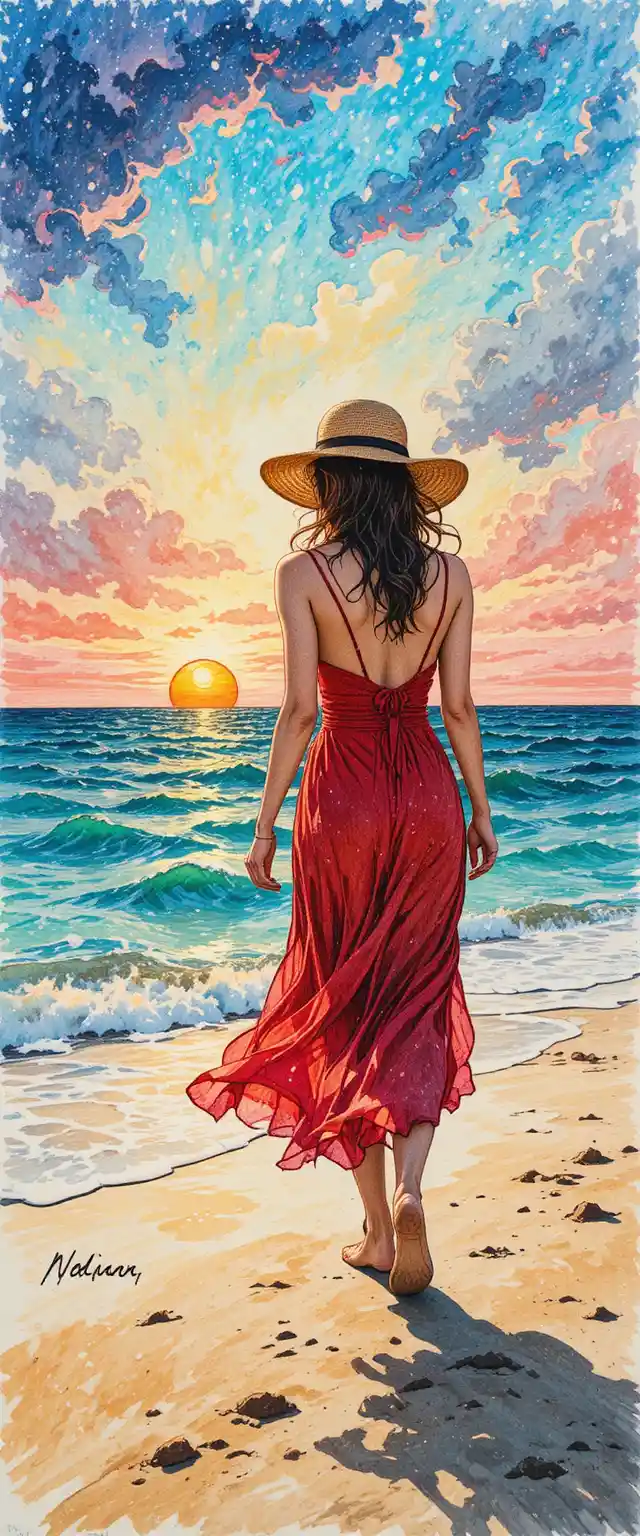 Woman in red walking along the beach at sunset