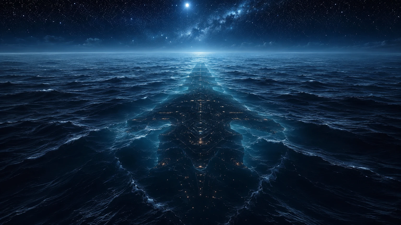 Surreal starry ocean with a colossal ghostly spaceship silhouette