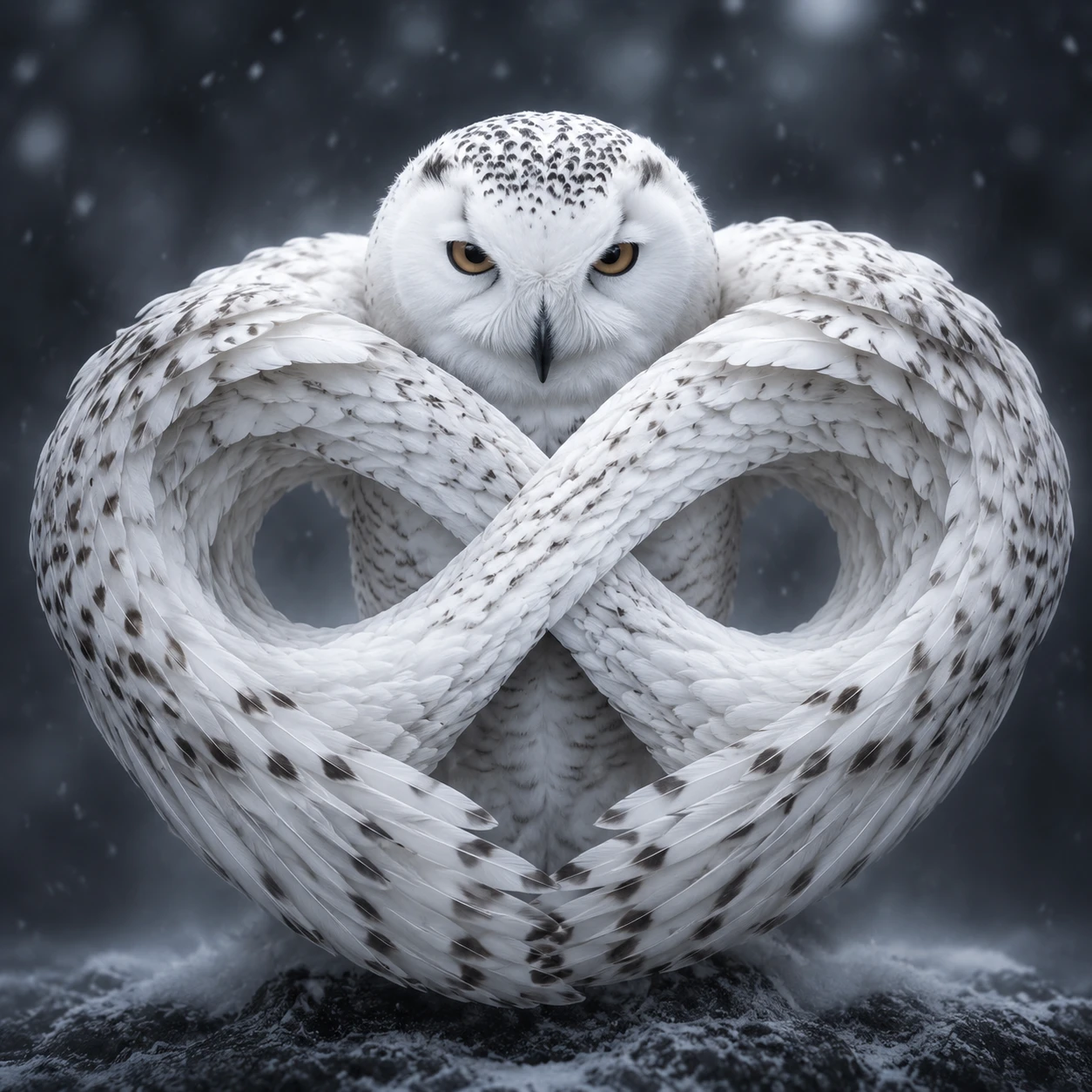 Snowy owl curling into a subtle feathered infinity symbol