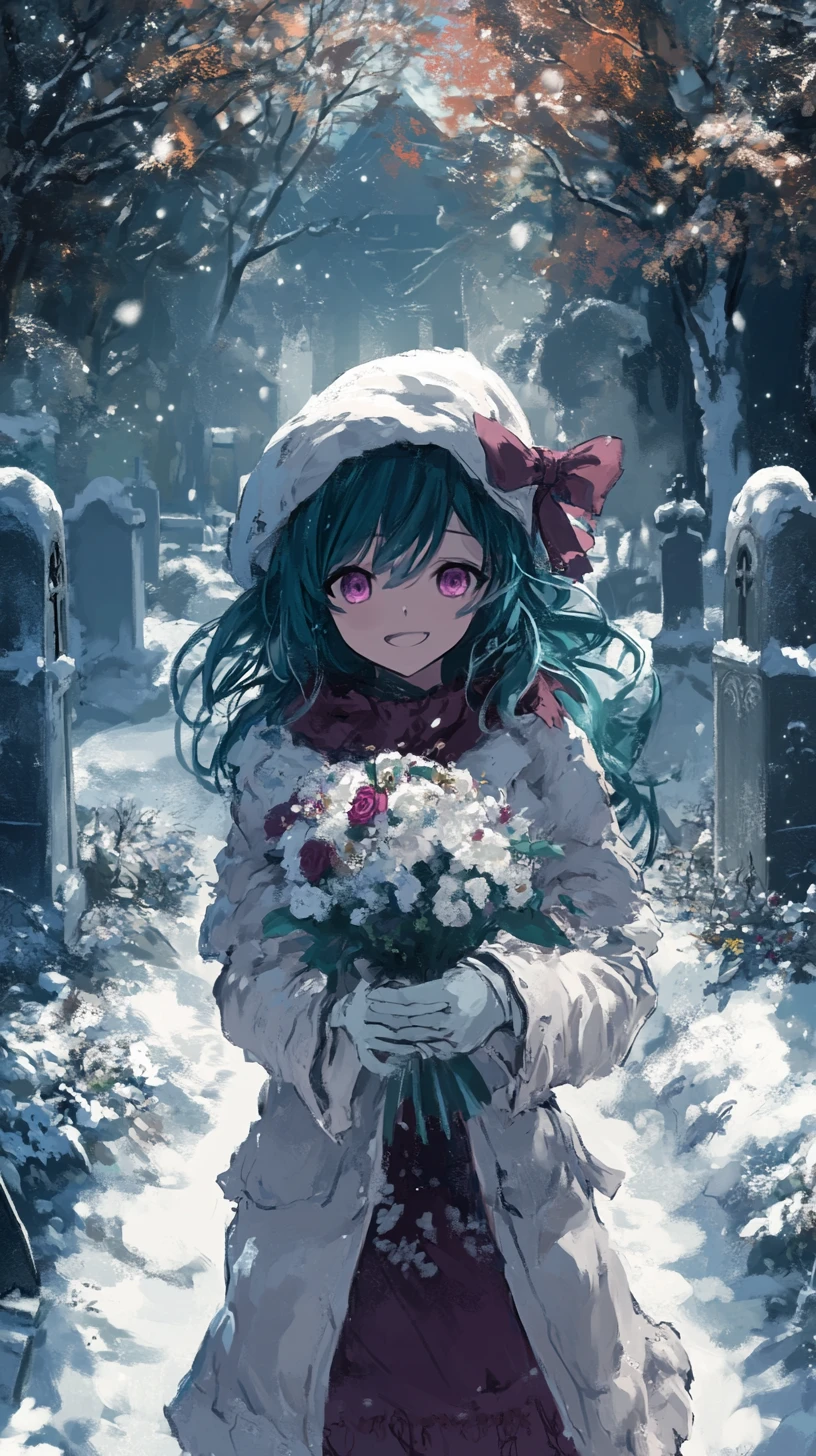Ice sword girl with blue hair in elegant winter attire