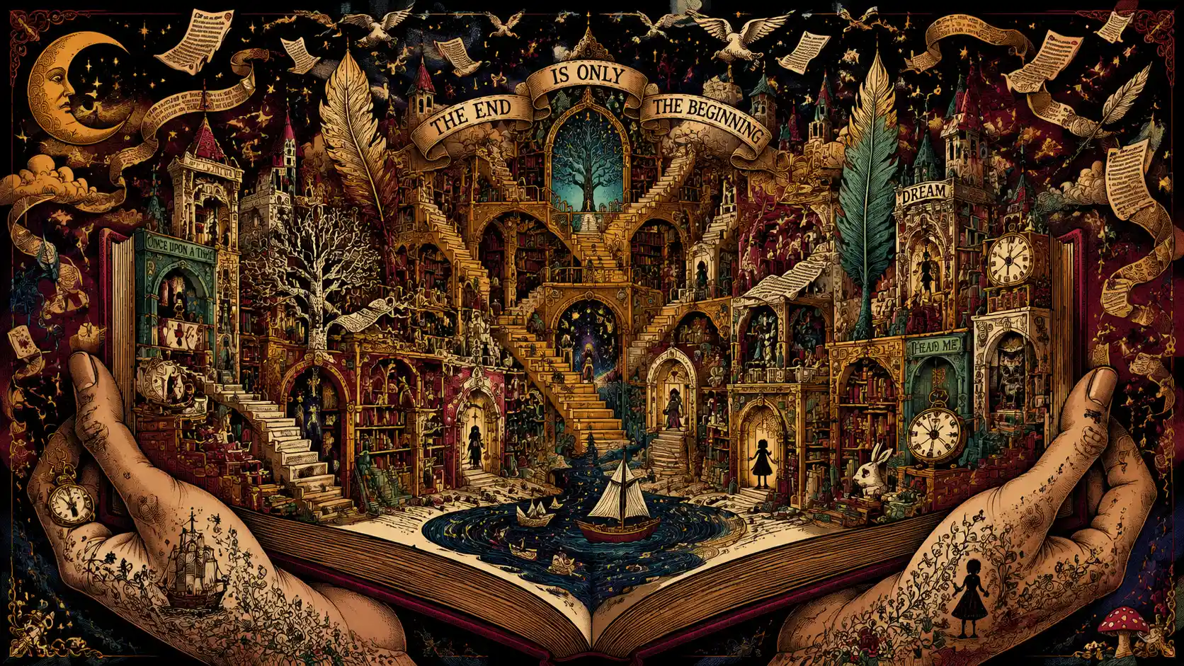 Surreal cathedral library of floating pages and ink rivers