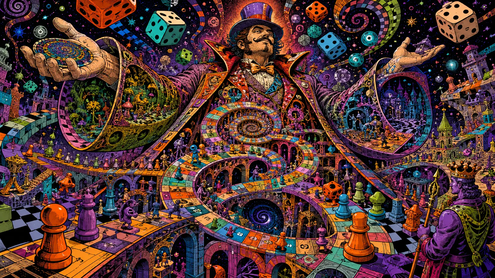 Whimsical Giant Ringmaster In An Infinite Game Coat