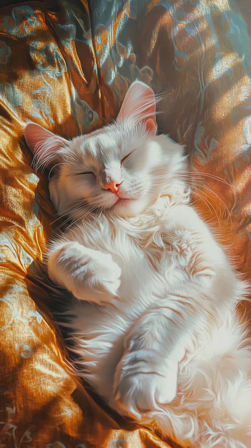 Neon hologram tiger cat sleeping on a golden pillow