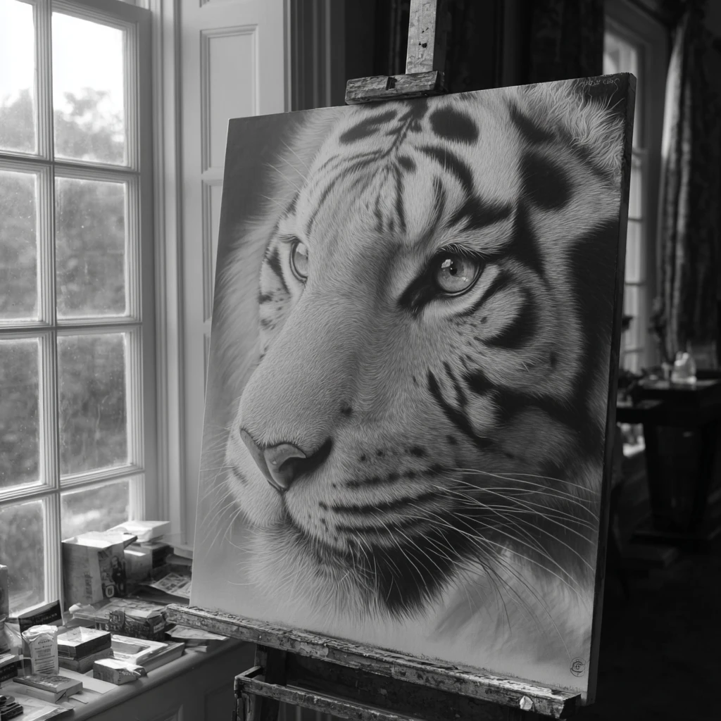 White tiger face pencil drawing on easel in sunlight
