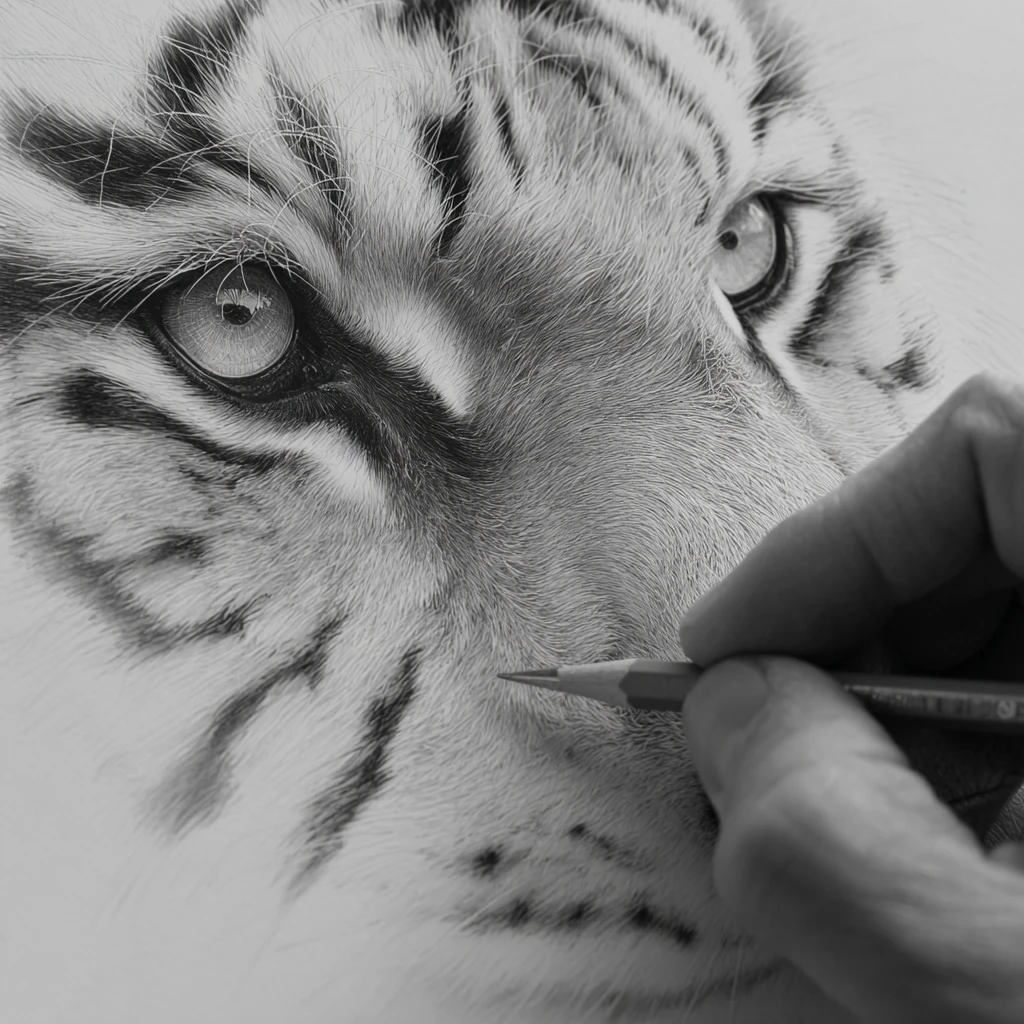 Close up pencil sketch of a white tiger face being drawn