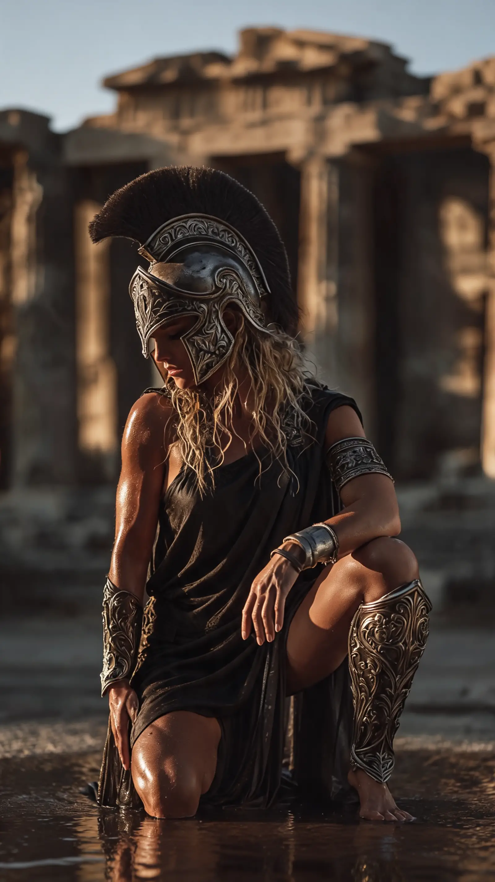 Kneeling Spartan warrior woman in dramatic golden light