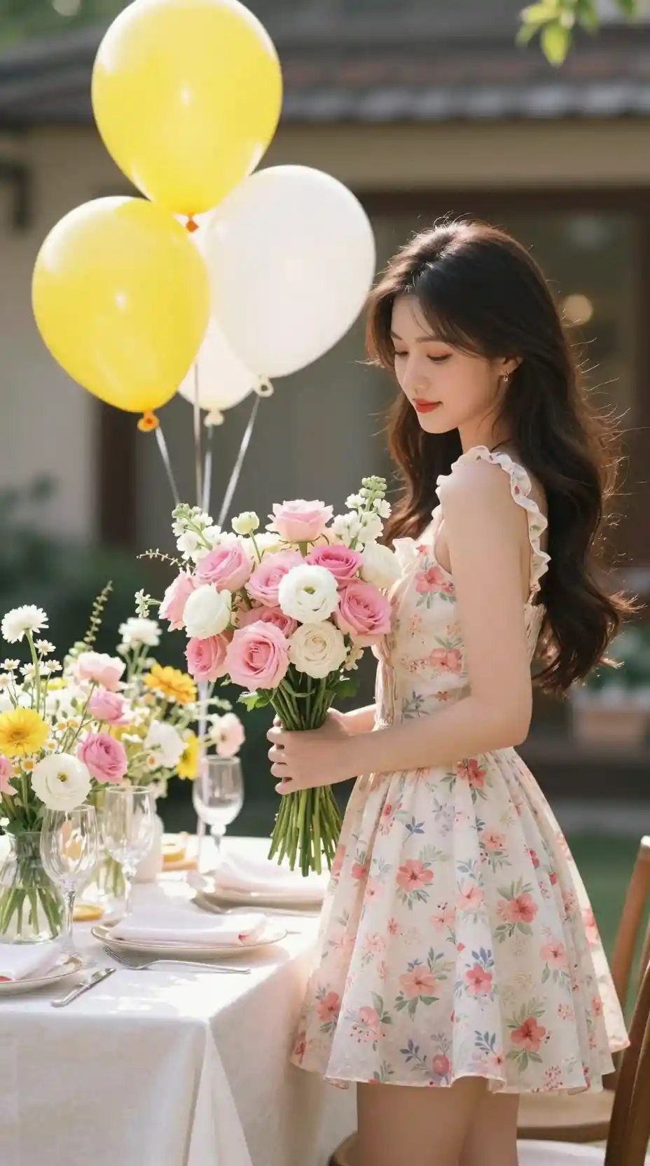 Young woman in floral dress holding bouquet at party