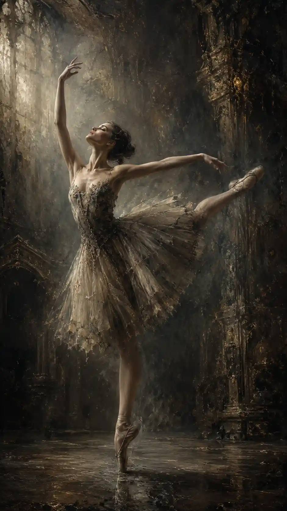 Graceful ballerina emerging through diffused atmospheric light