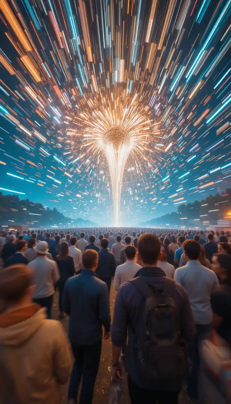 Crowd gathered in a landscape under an awe inspiring sky