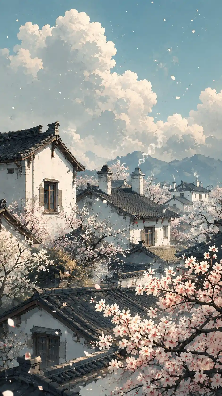 Traditional white houses and plum blossoms under blue spring sky