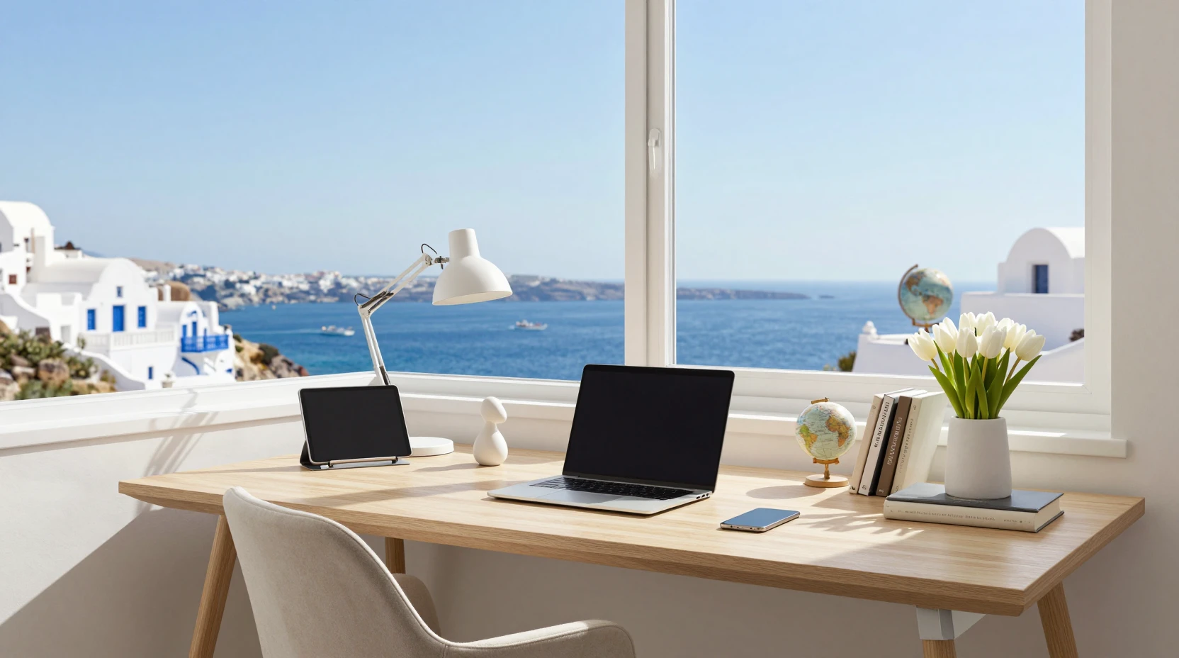 Modern home office desk with coastal window view