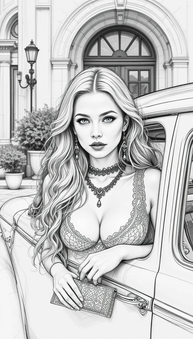 Glamorous woman leaning from vintage car in pencil drawing
