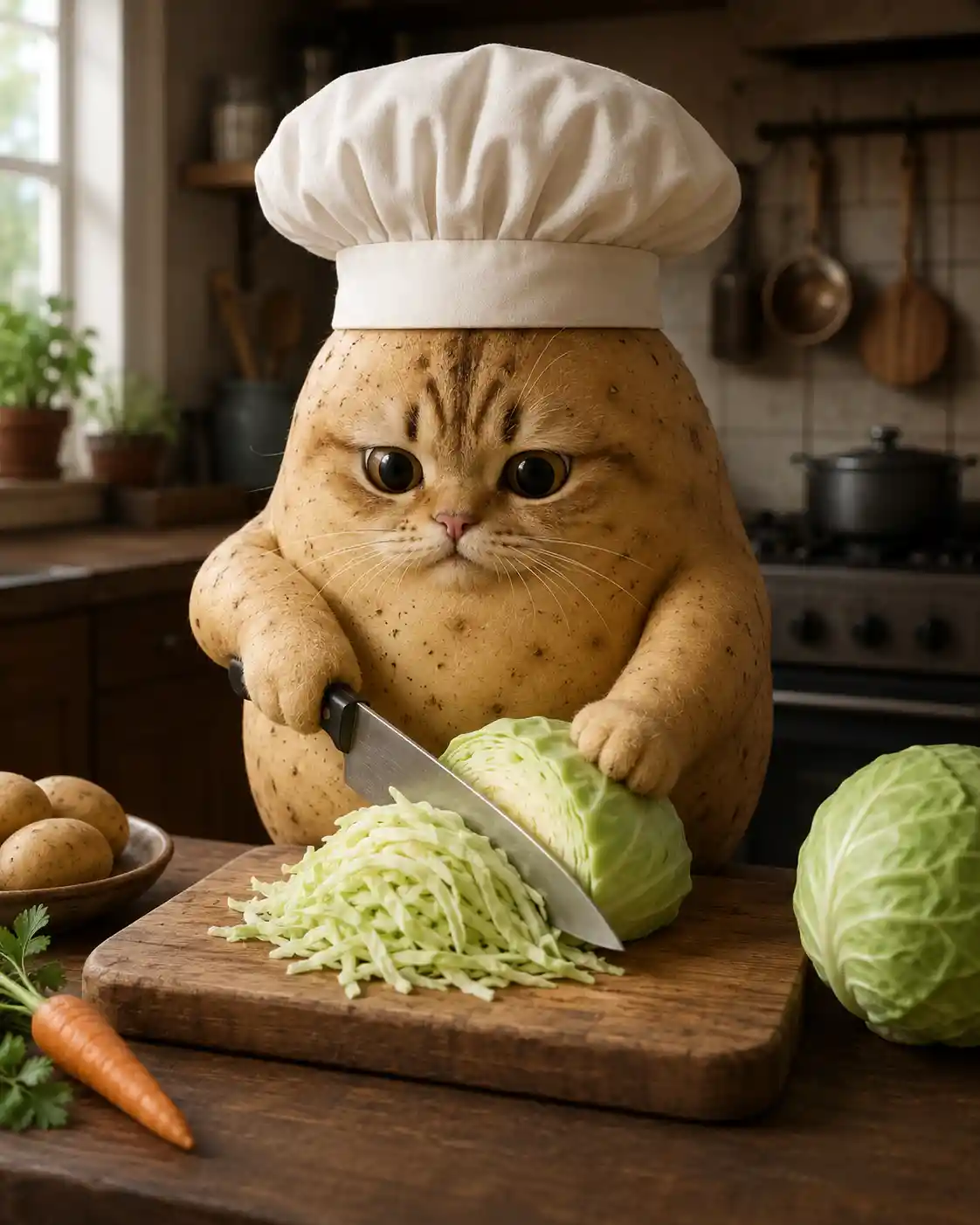 Cartoon cat chef slicing cabbage in a home kitchen