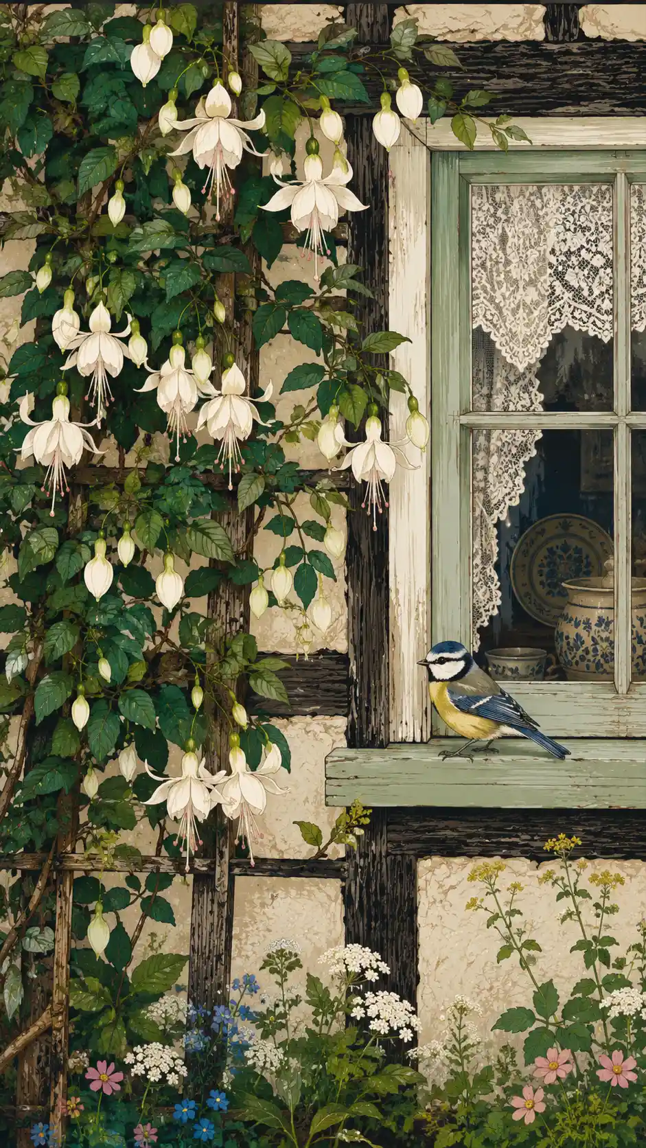 Whimsical farmhouse trellis with white fuchsias and songbird