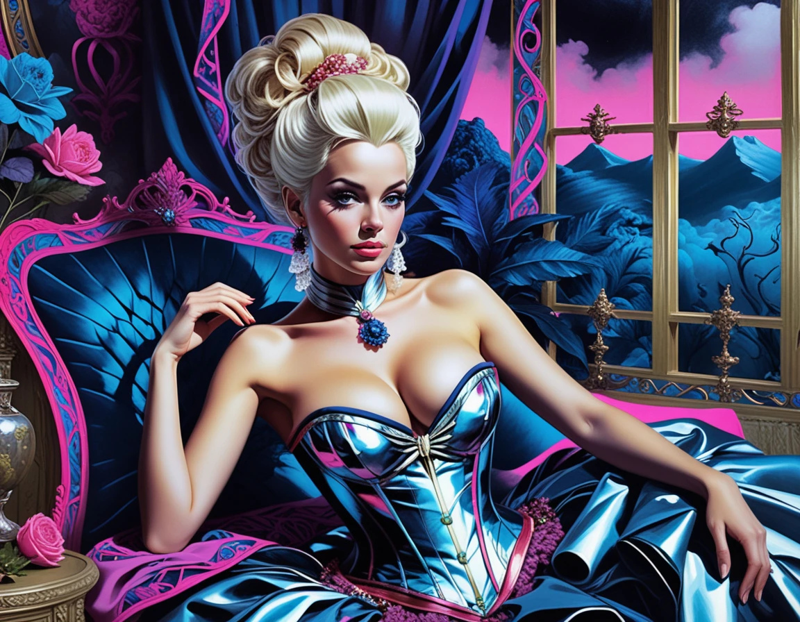 Fantasy courtesan in rococo corset in opulent boudoir