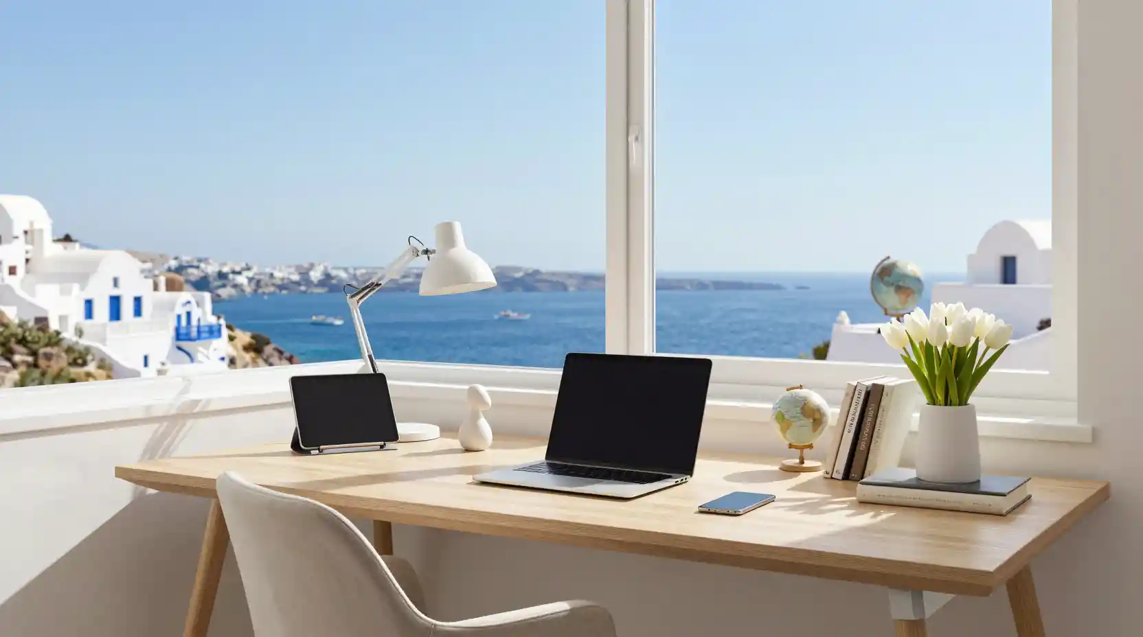 Escrivaninha moderna de home office com vista para a costa