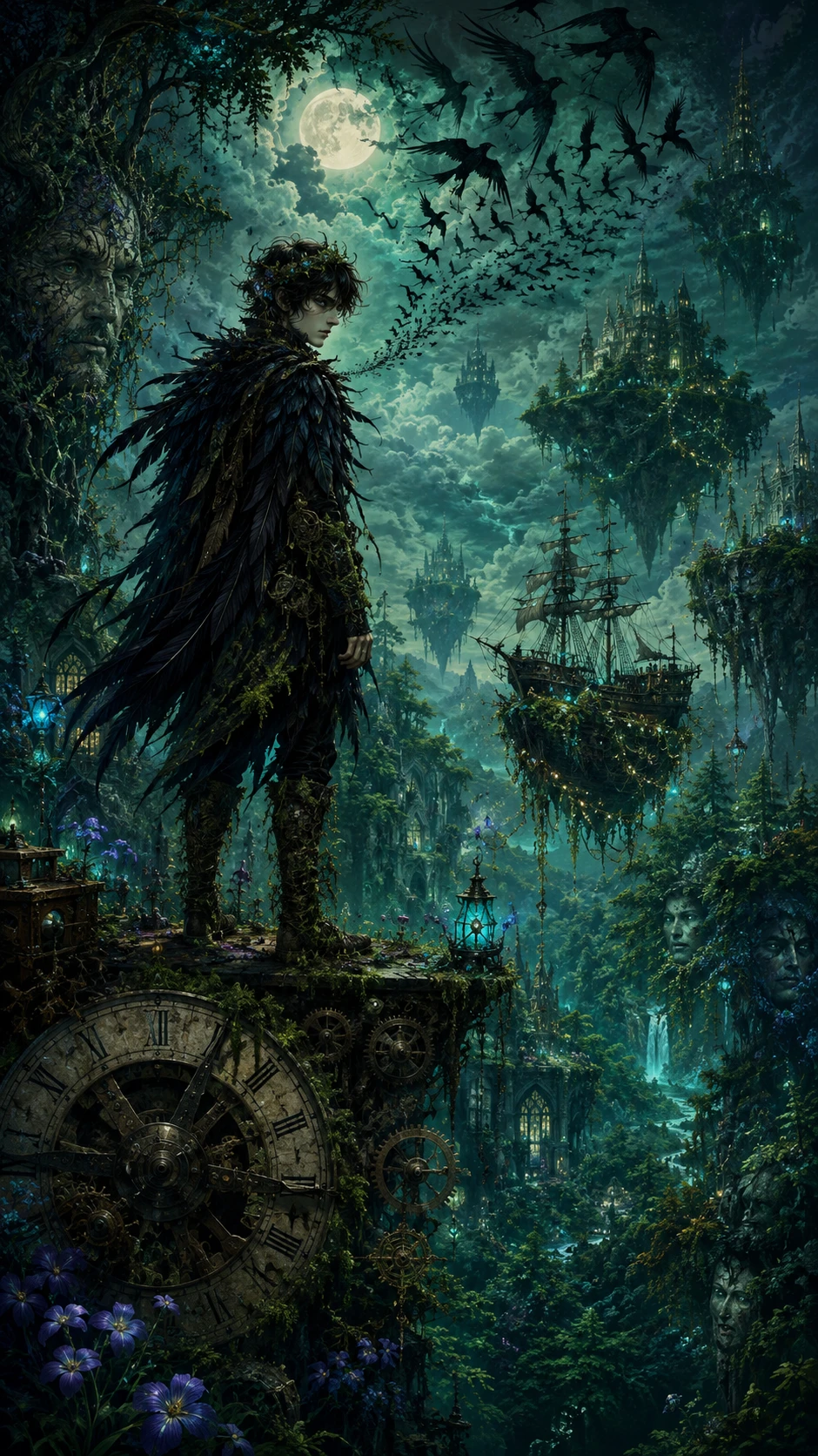 Eternal youth on rusted clock tower above moonlit forest