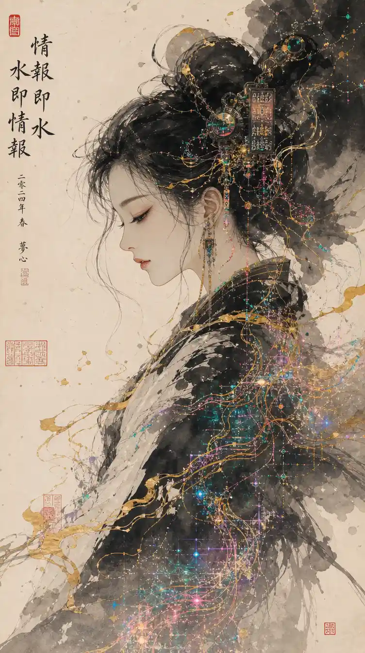 Traditional sumi ink flowing into luminous abstract forms