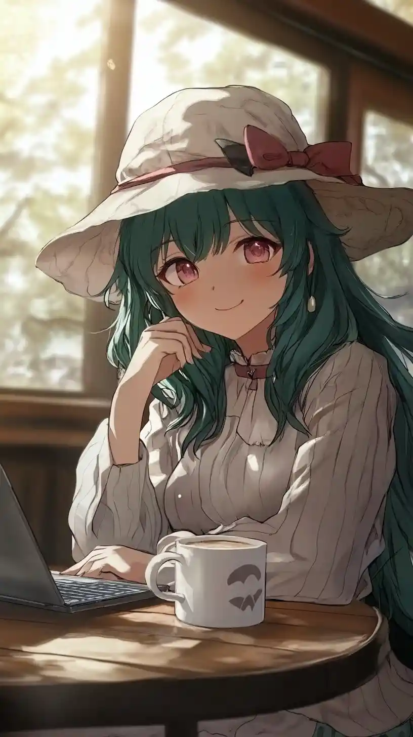 Smiling anime girl in cozy outfit with dark green hair