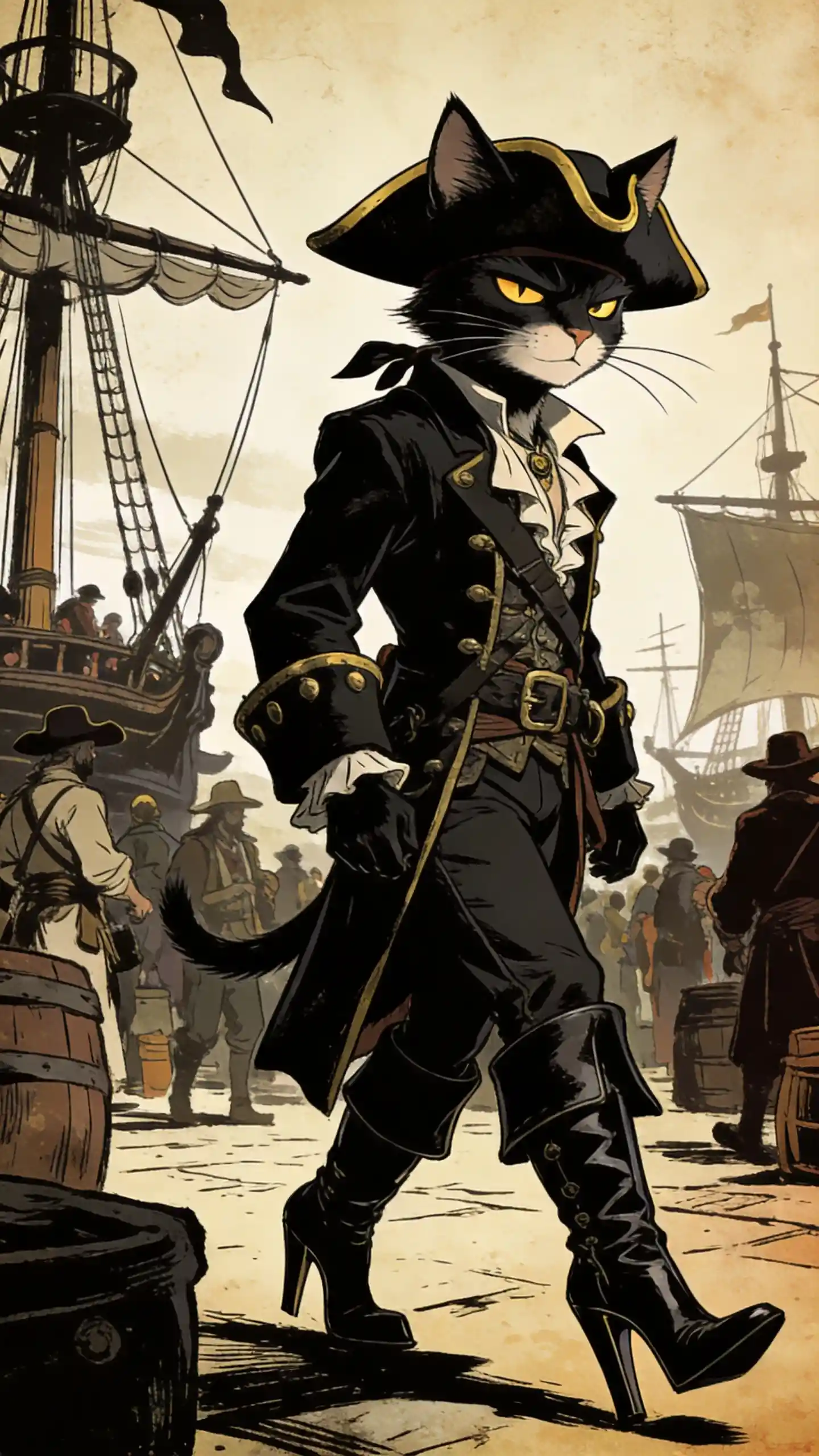 Smug anthropomorphic pirate cat striding through an old harbor