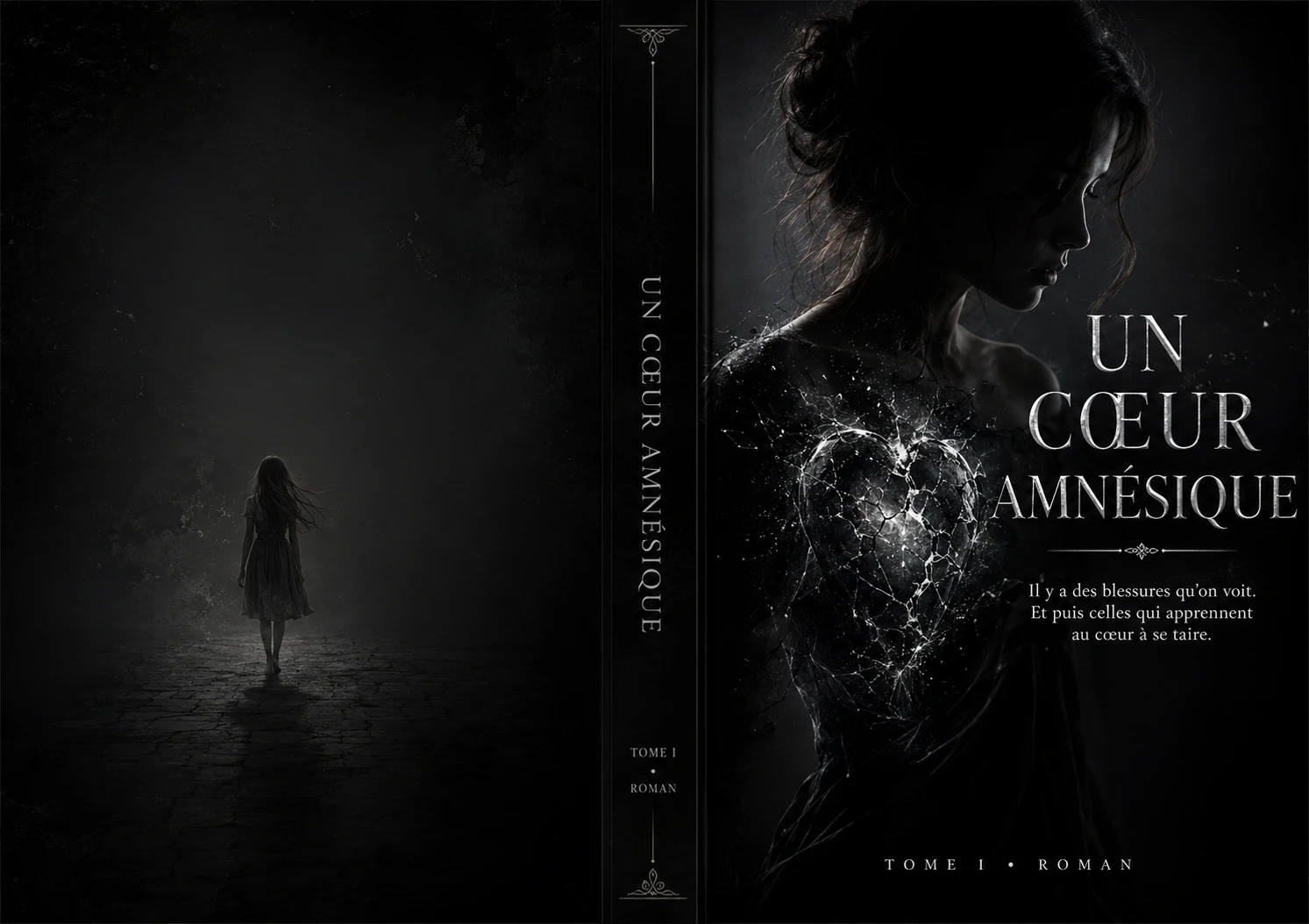 Silhouetted woman with cracked heart in dark cinematic cover
