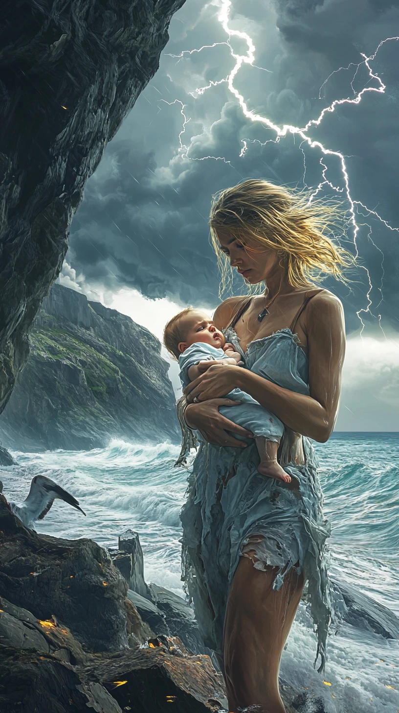 Young woman with baby on stormy rocky coastline
