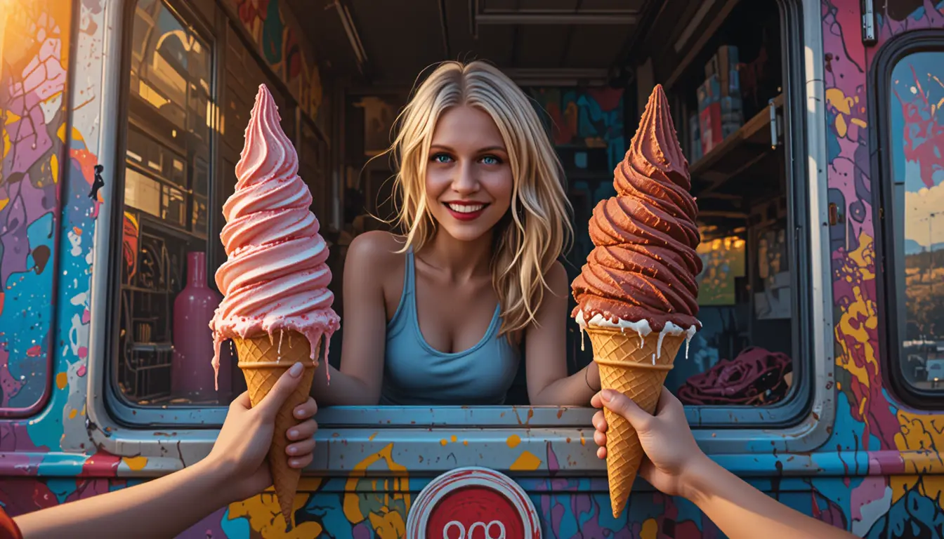 Smiling ice cream girl serving a huge cone
