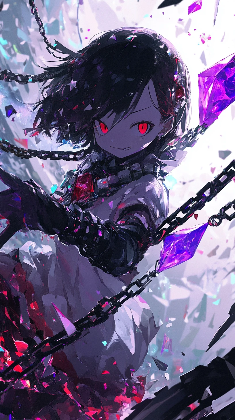 Anime girl warrior with crystal arm before shattered wall