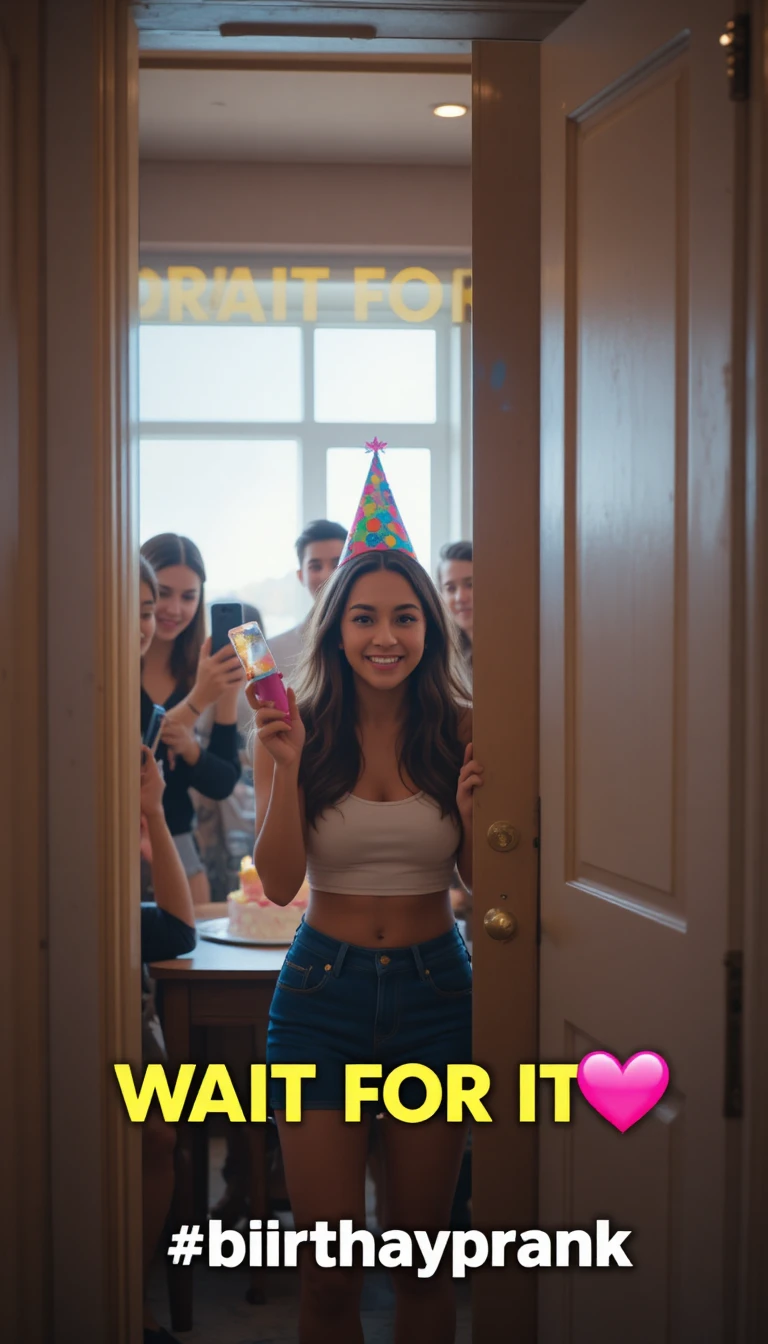 Girl hiding with party popper for birthday prank
