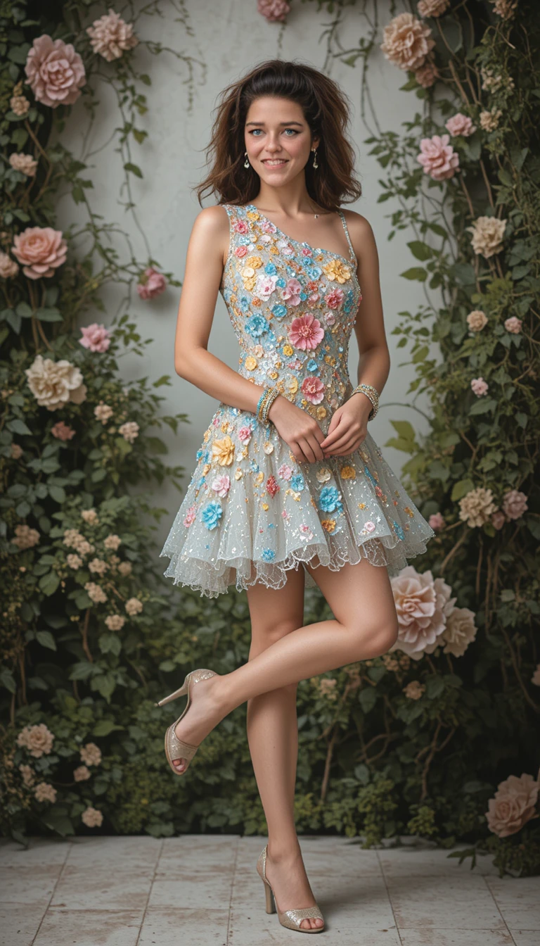 Elegant woman in pastel floral sequin cocktail dress
