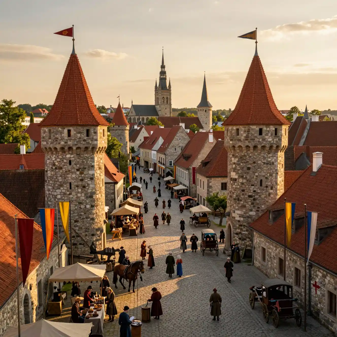Vivace strada di città medievale europea all’ora d’oro