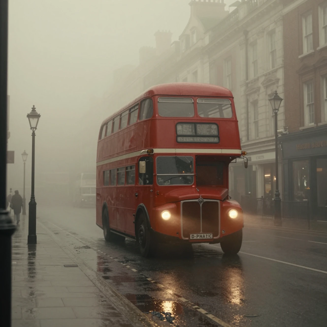 Foggy London bus in dense mid century city street