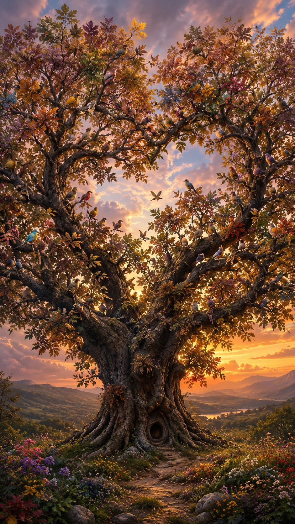 Old oak tree filled with leaves and resting birds