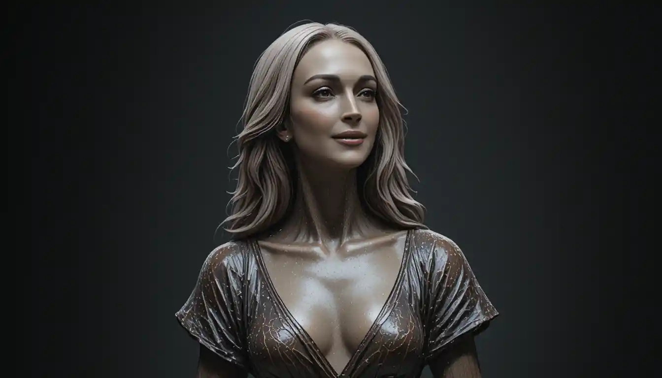 Bronze bust of a contemplative woman on white background