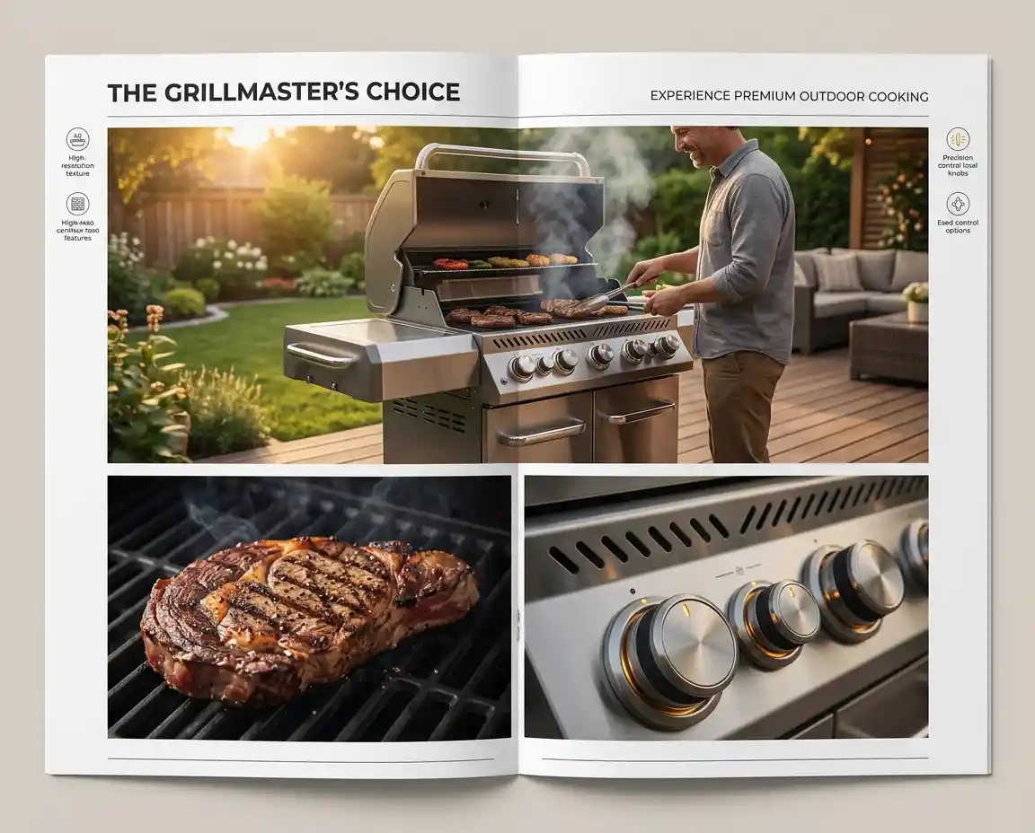 Stainless steel gas grill on sunlit backyard patio