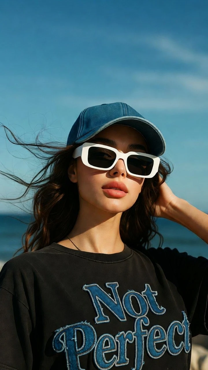 Confident young woman in denim cap under blue summer sky
