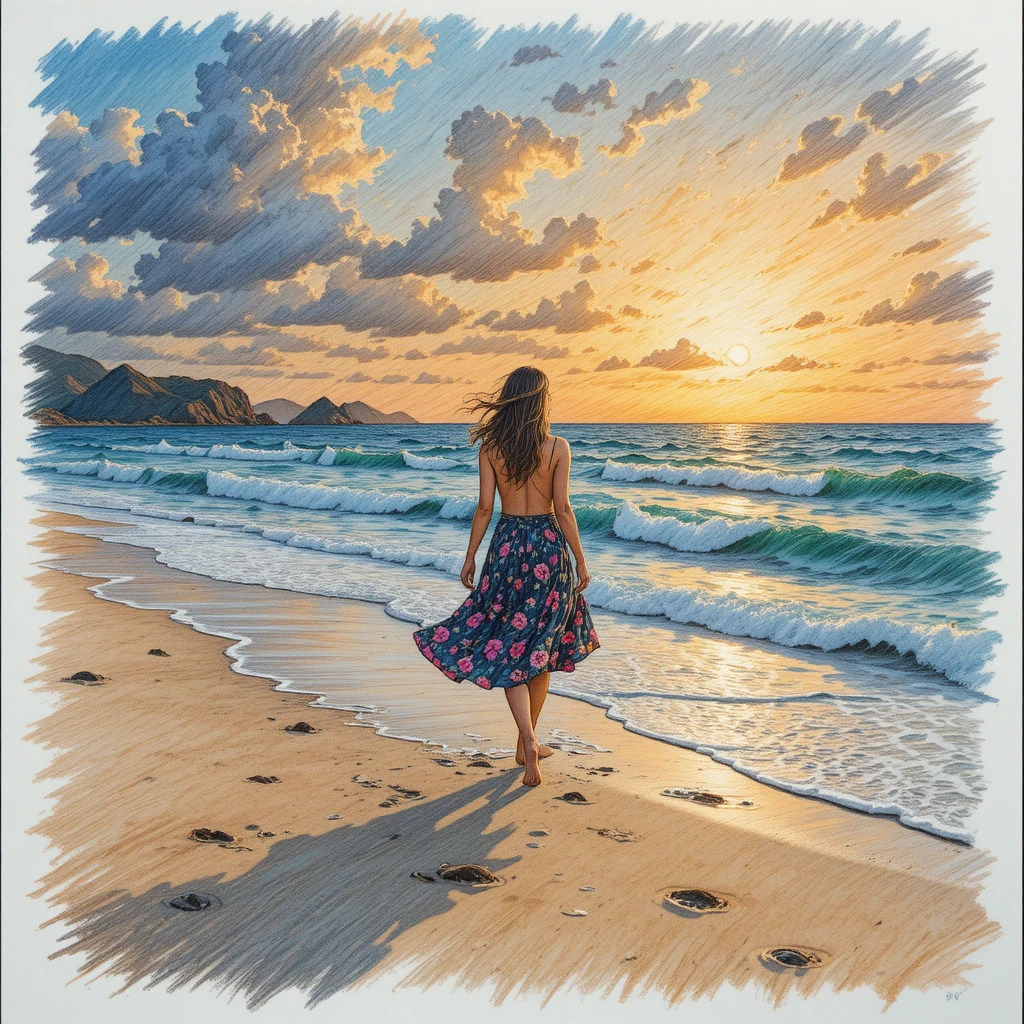 Woman walking along the windy ocean shore at sunset