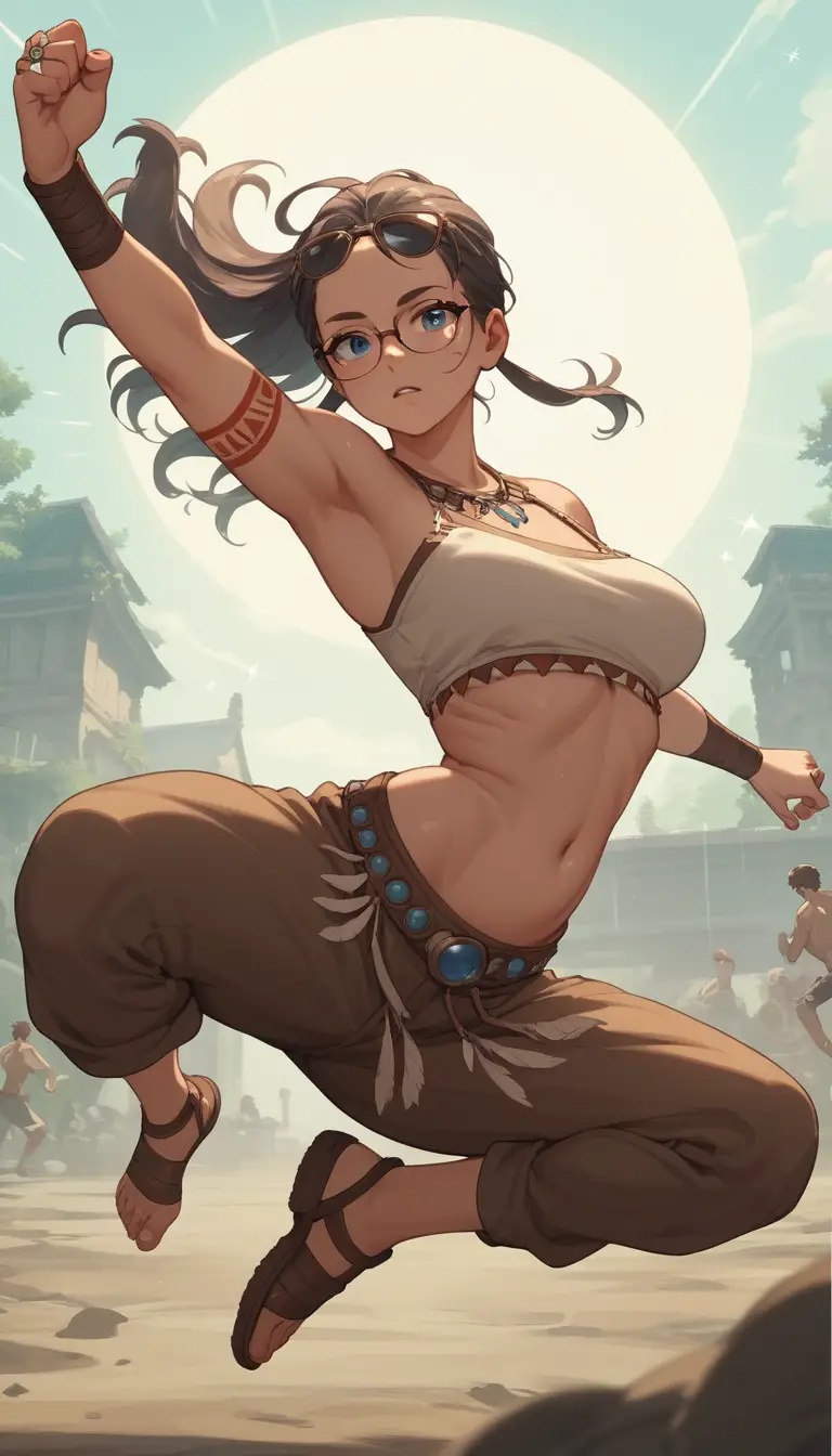 Anime warrior woman kicking on a fantasy ring stage