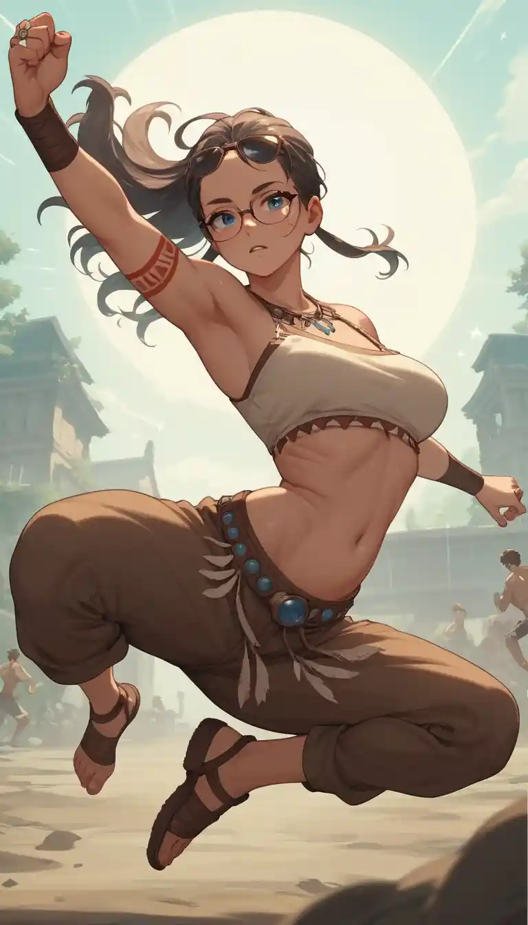 Anime warrior woman kicking on a fantasy ring stage