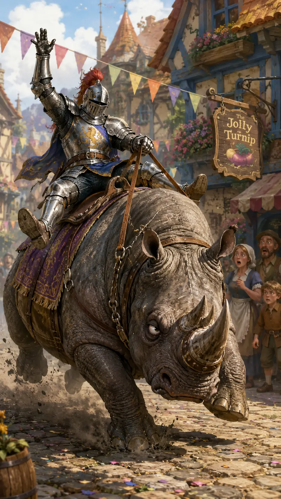 Knight Riding A Grumpy Rhinoceros Through Fairy Tale Village