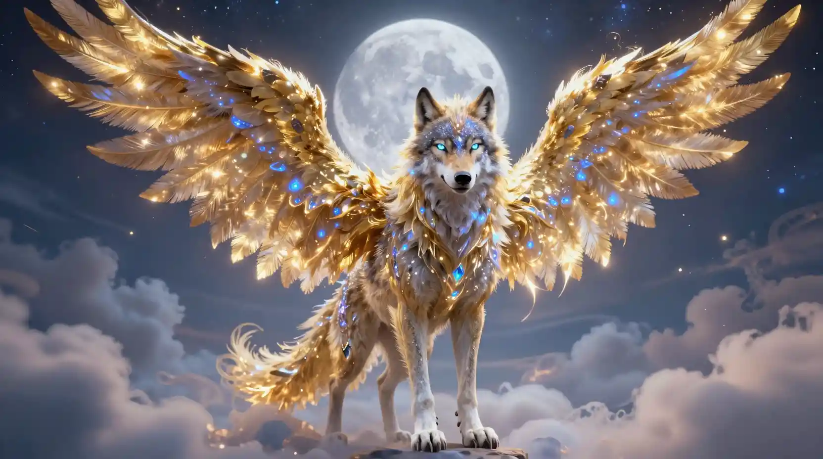 Winged wolf with phoenix flames above glowing night clouds
