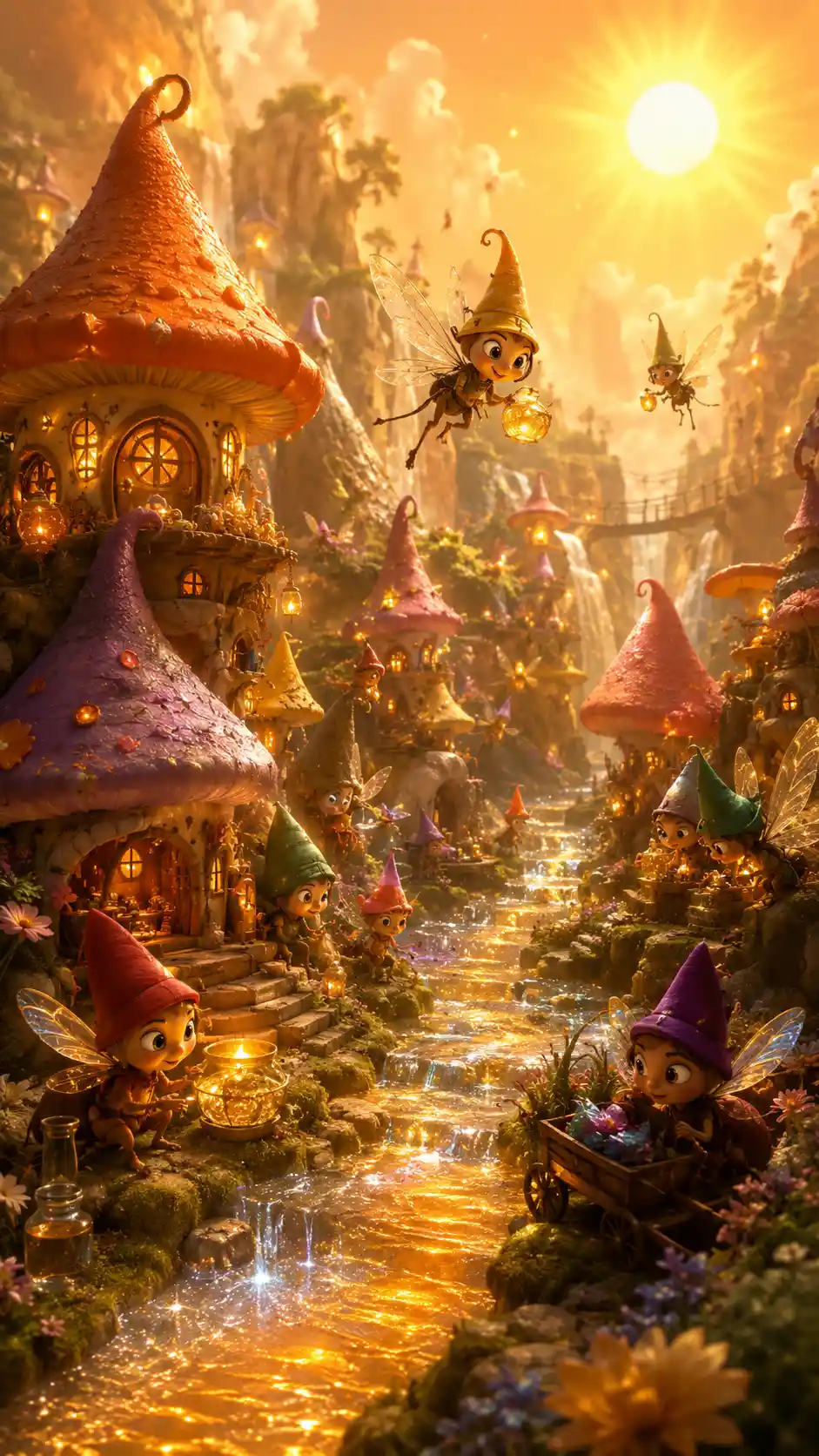 Tiny winged fairies living in glowing mushroom homes