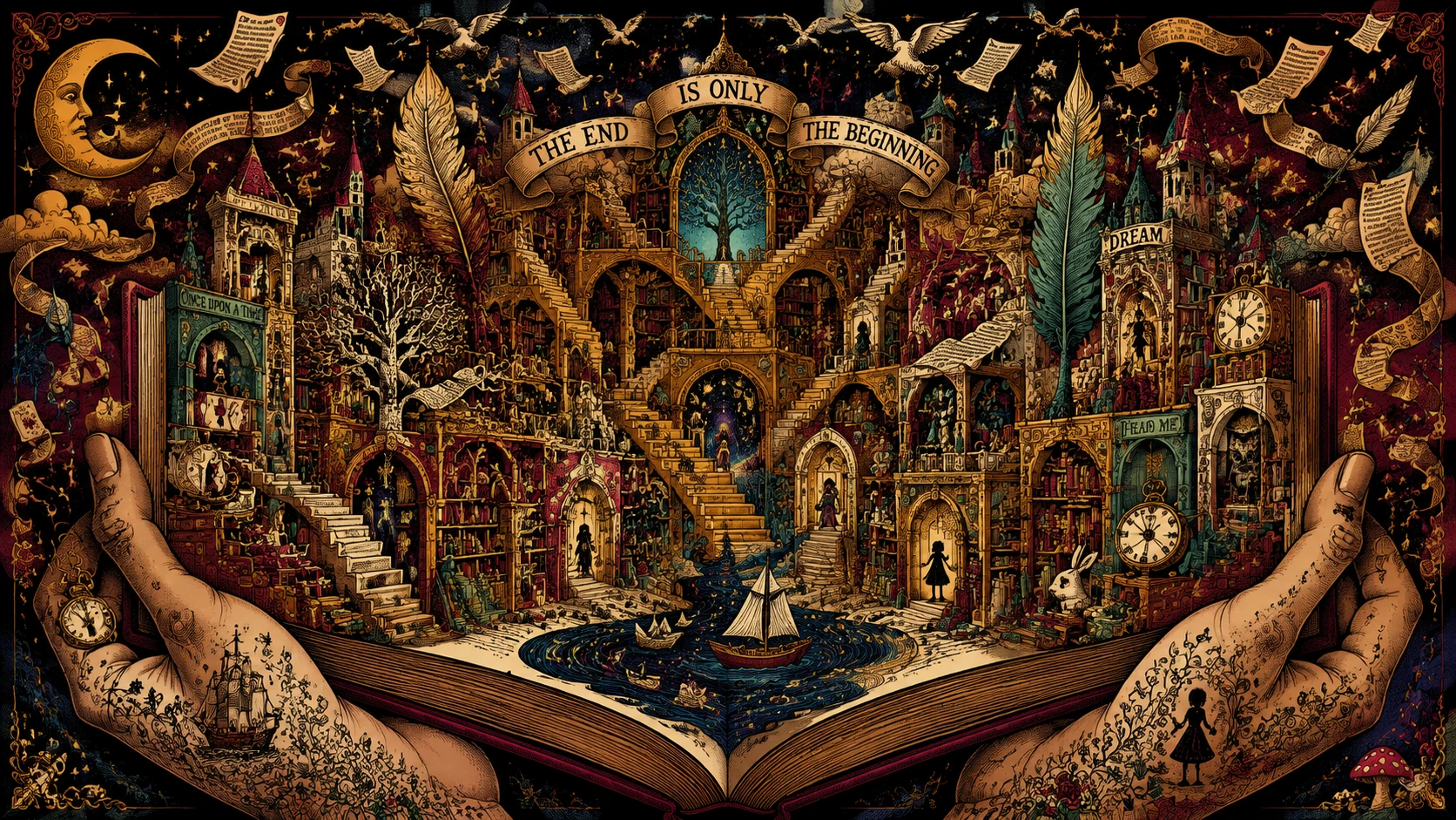 Surreal cathedral library of floating pages and ink rivers