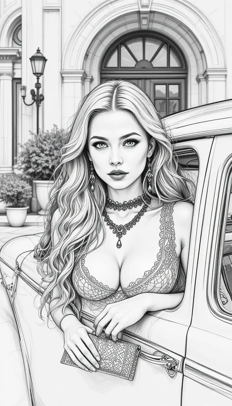 Glamorous woman leaning from vintage car in pencil drawing