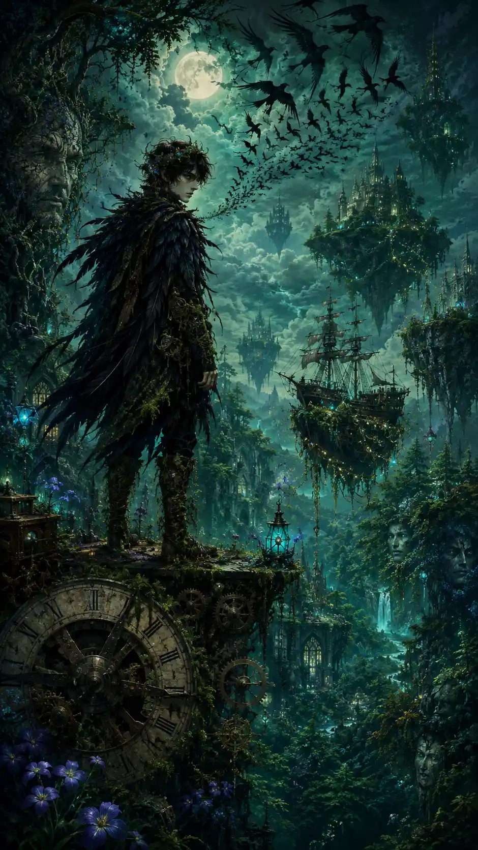 Eternal youth on rusted clock tower above moonlit forest