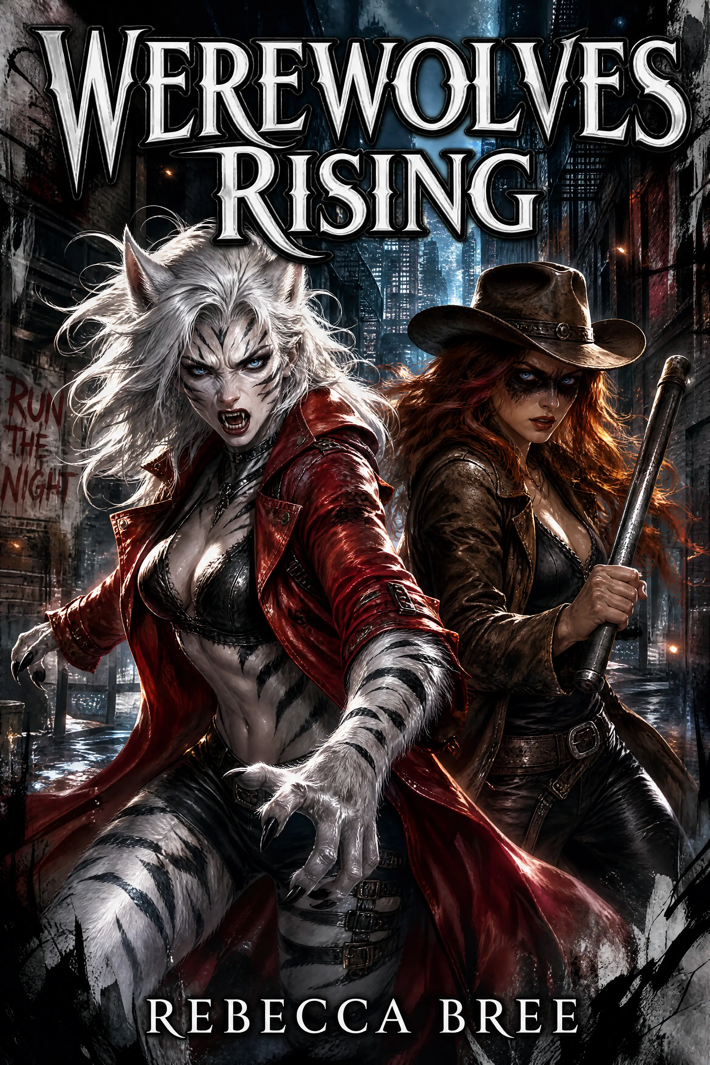 Werewolf heroine and cowgirl ally fighting in urban alley